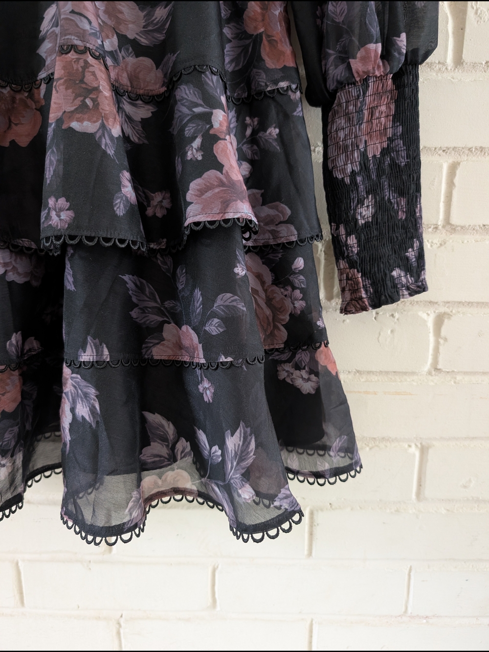Keepsake M Oblivion Floral Tiered V-Neck Mini Dress Black with Mauve Roses - Picture 5 of 8